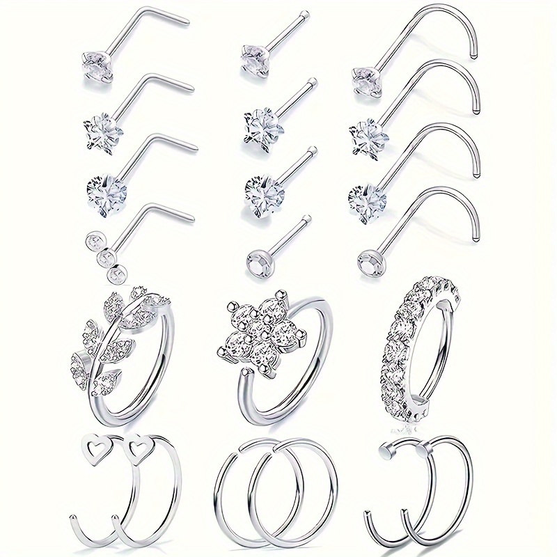 

21-piece Set, 20g Women' Steel Nose Rings & Studs, Hip-hop Style L-shaped Nose Piercing Jewelry, Hoops & Studs, Assorted Designs