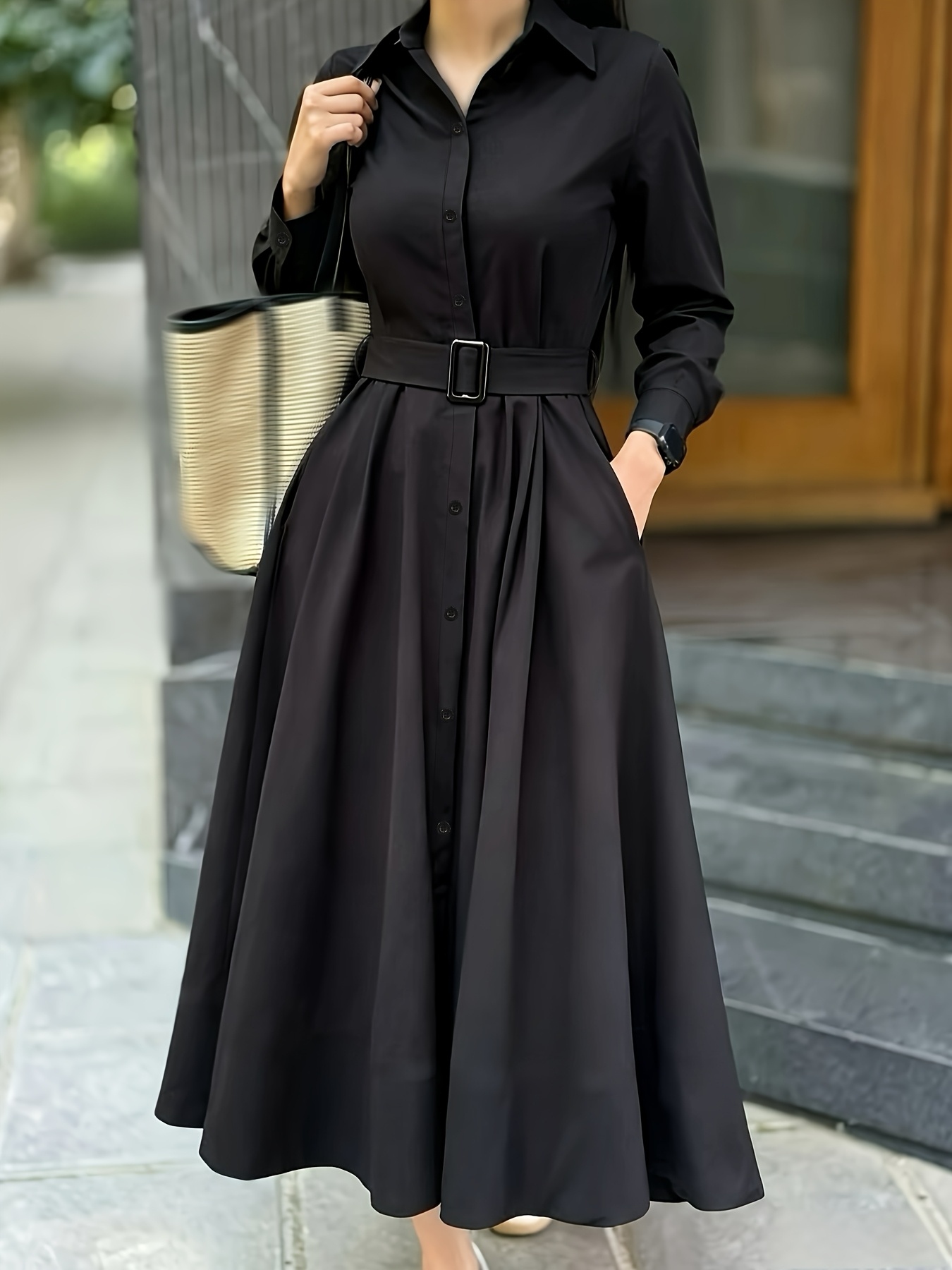2026 Spring Shirt Collar Long Sleeve Dress Women'S Cinched Waist Tie-Belt Flared Midi Skirt Office Daily Versatile Blouse-Style Dress
