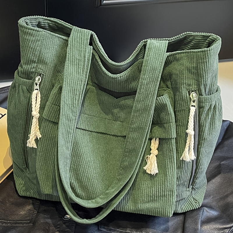 TEMU Un sac à bandoulière élégant en velours de couleur unie, grande , un sac fourre-tout rayé facile et polyvalent avec de multiples compartiments,