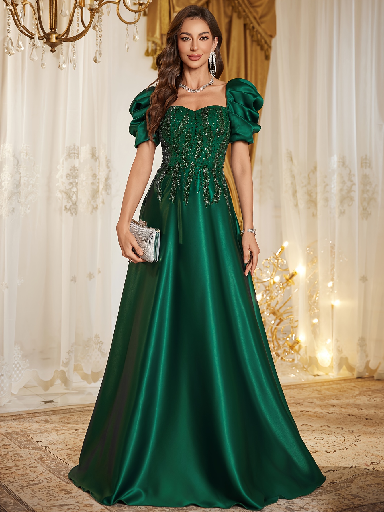 elegant womens square neck princess sleeve sequin - Temu