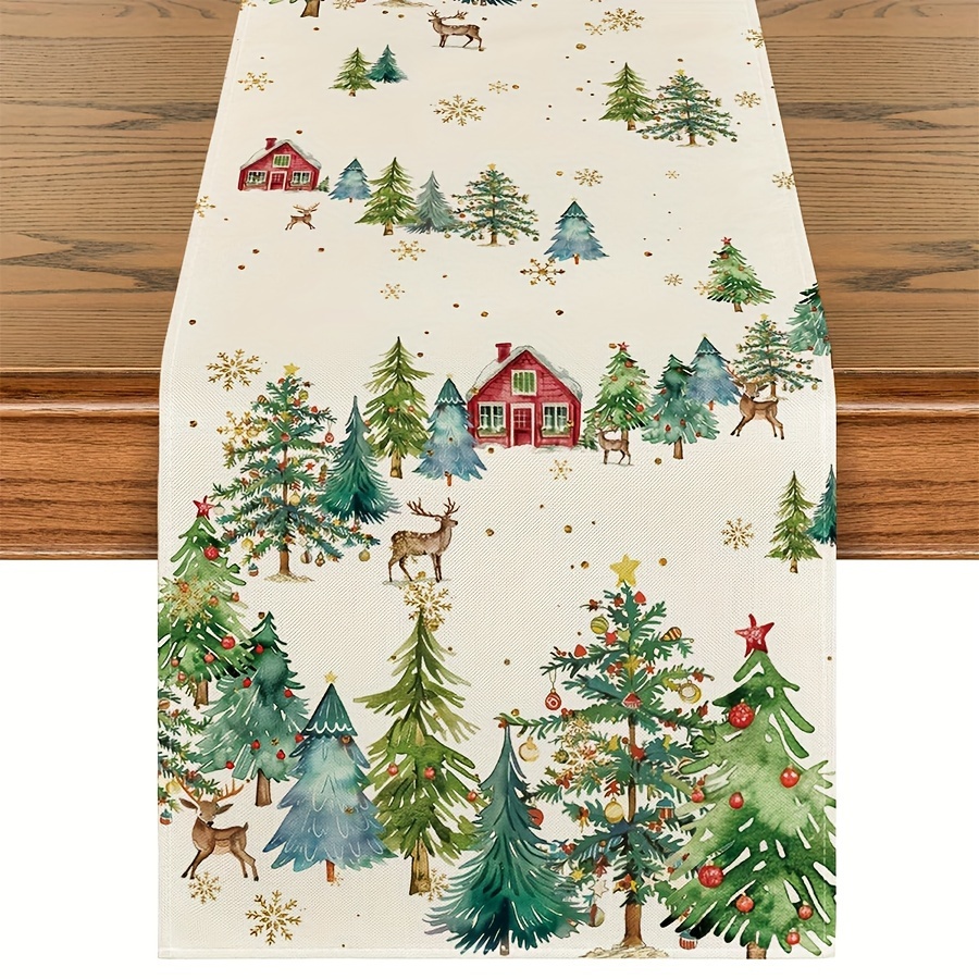 

Christmas Linen Table Runner - 100% Woven Linen Decor With Christmas Trees And Reindeer Design For Party Decoration, 1pc