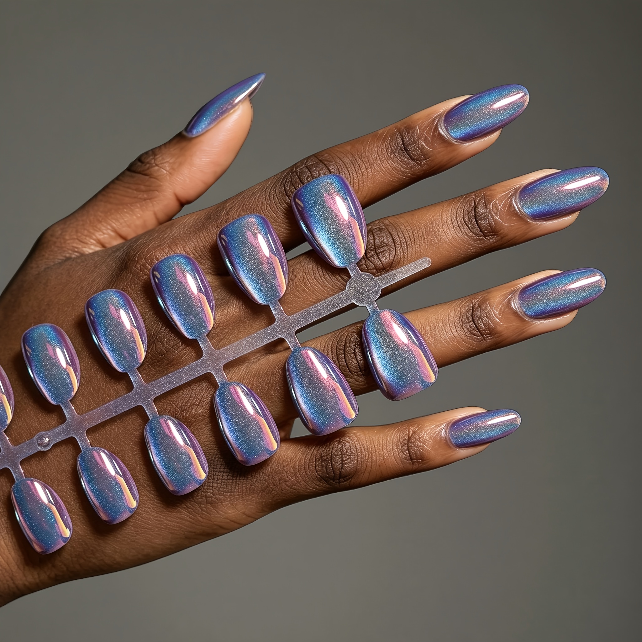 TEMU 32pcs Cat-eye Electroplated Teardrop-shaped Press-on Nails, Blue-purple Gradient Electroplated False Nails, A Sparkly Nail Set Suitable For