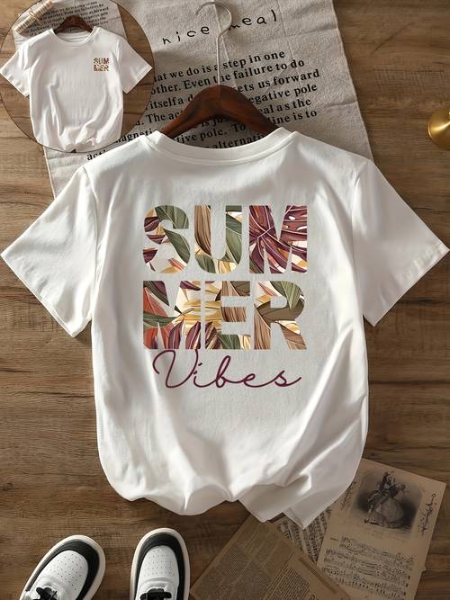 tropical plants and leaves printed t shirt short sleeved round neck casual shirt suitable for spring and summer wear womens wear