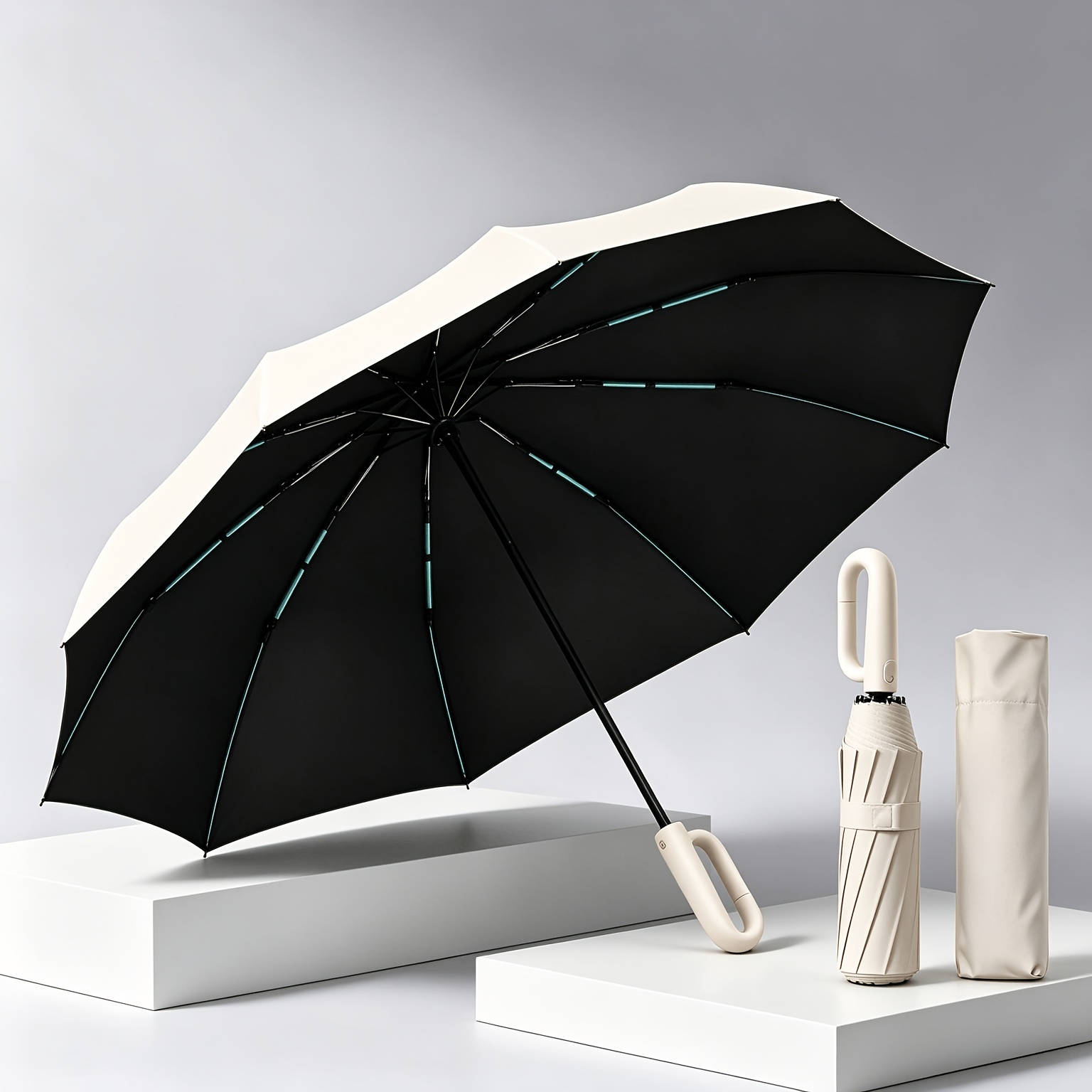 TEMU 8-rib Double Reinforced Frame Folding Umbrella, Auto Open/close Umbrella With Carabiner Handle, Compact Lightweight Portable Travel Umbrella For