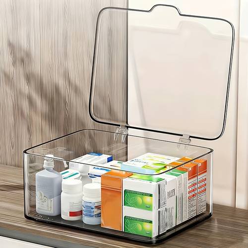 1pc large capacity medicine box transparent desktop storage container dustproof organizer household mini medicine box multi functional storage container for cosmetics face masks stationery and suitable for jewelry
