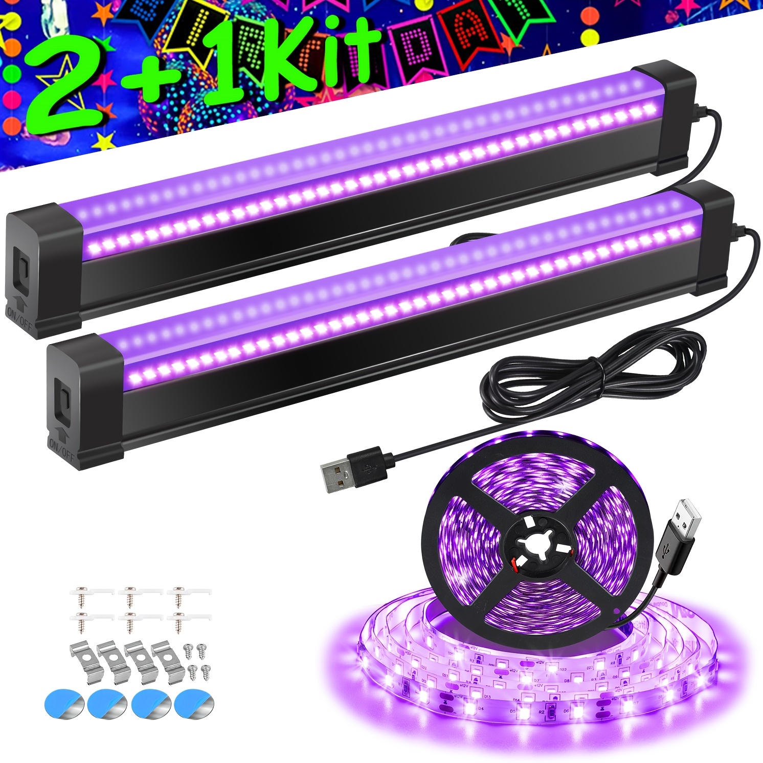 TEMU Usb Black Light Combo Set Includes 2pack 32cm Black Lights And 1pack 250cm Strip Light, 385-400nm , 5v Usb Powered, Perfect For Halloween