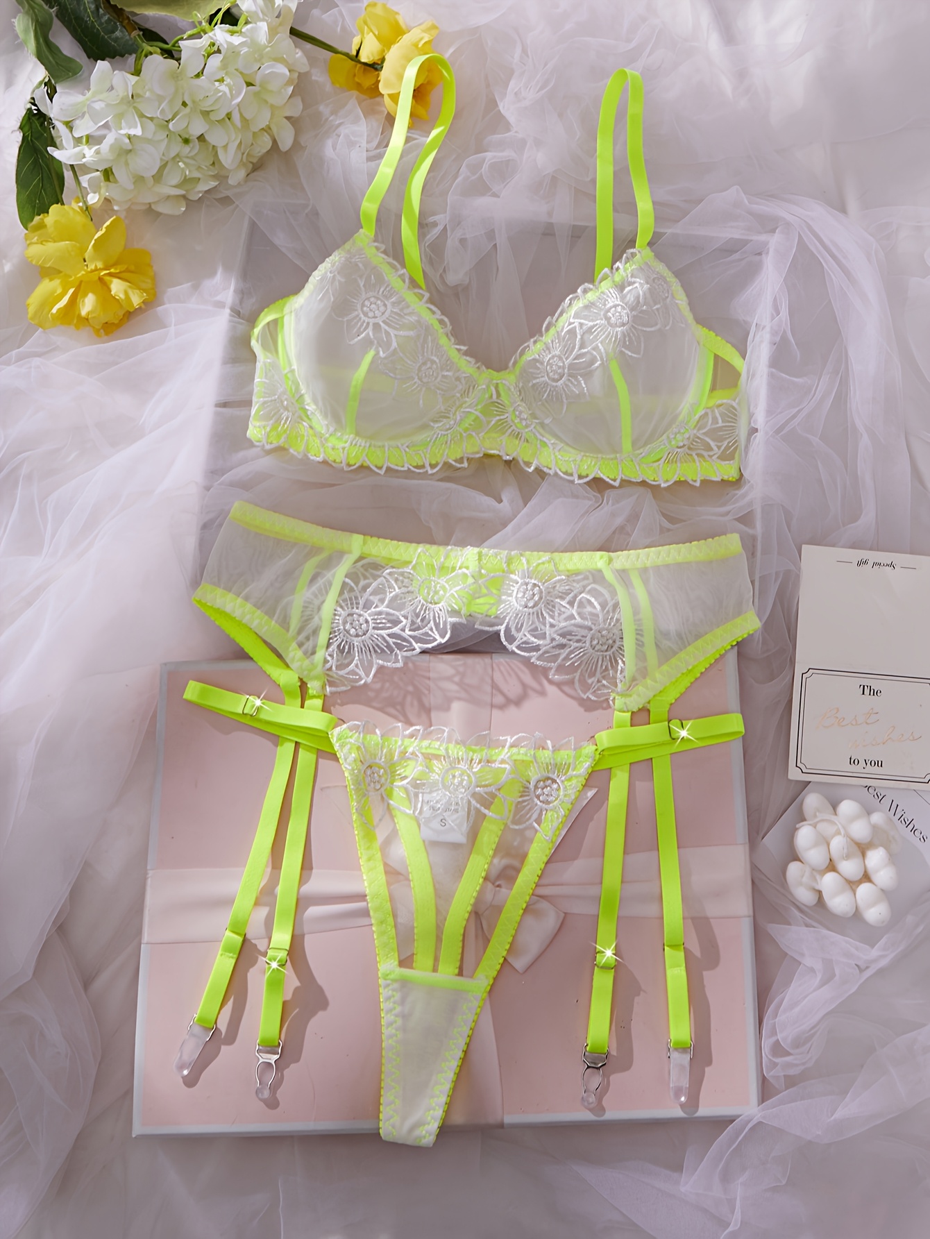 neon green bra and panty set sold on Temu United States