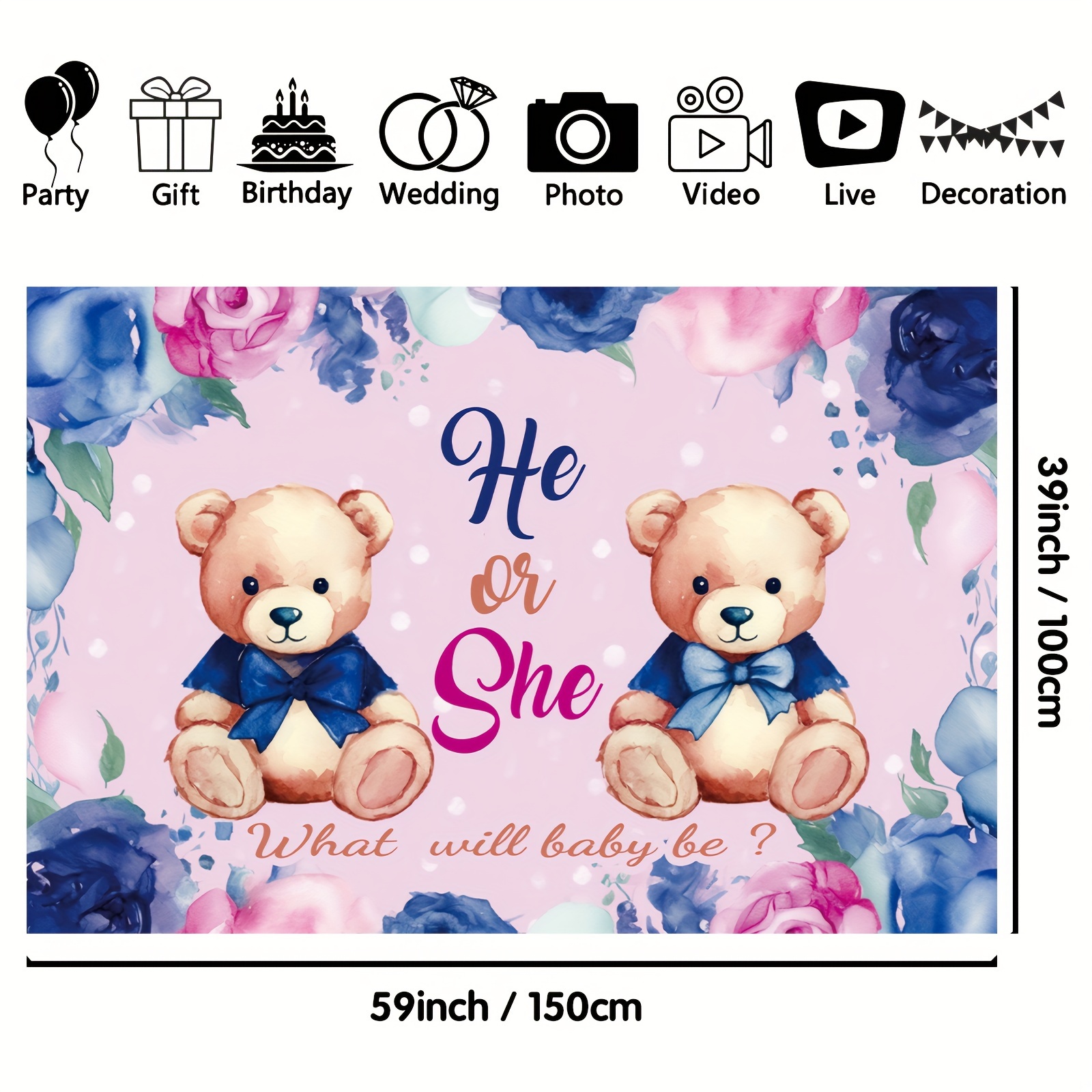 1pc, 59 X 39 Inch Gender Reveal Backdrop Boy Or Girl Bear Photography  Background Banner Blue And * Baby Shower Party Decor Video Wallpaper Photo  St