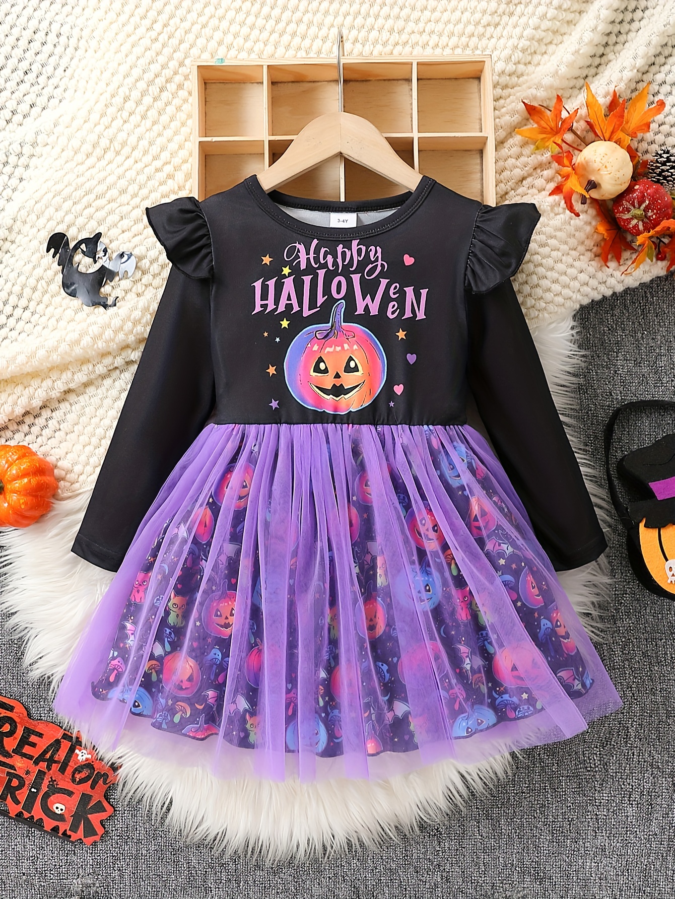 Halloween Girls' Lace Trim Long Sleeve 2-7 Years Letter Full Print Pumpkin  Lamp Mesh Dress Little Girl Fairy