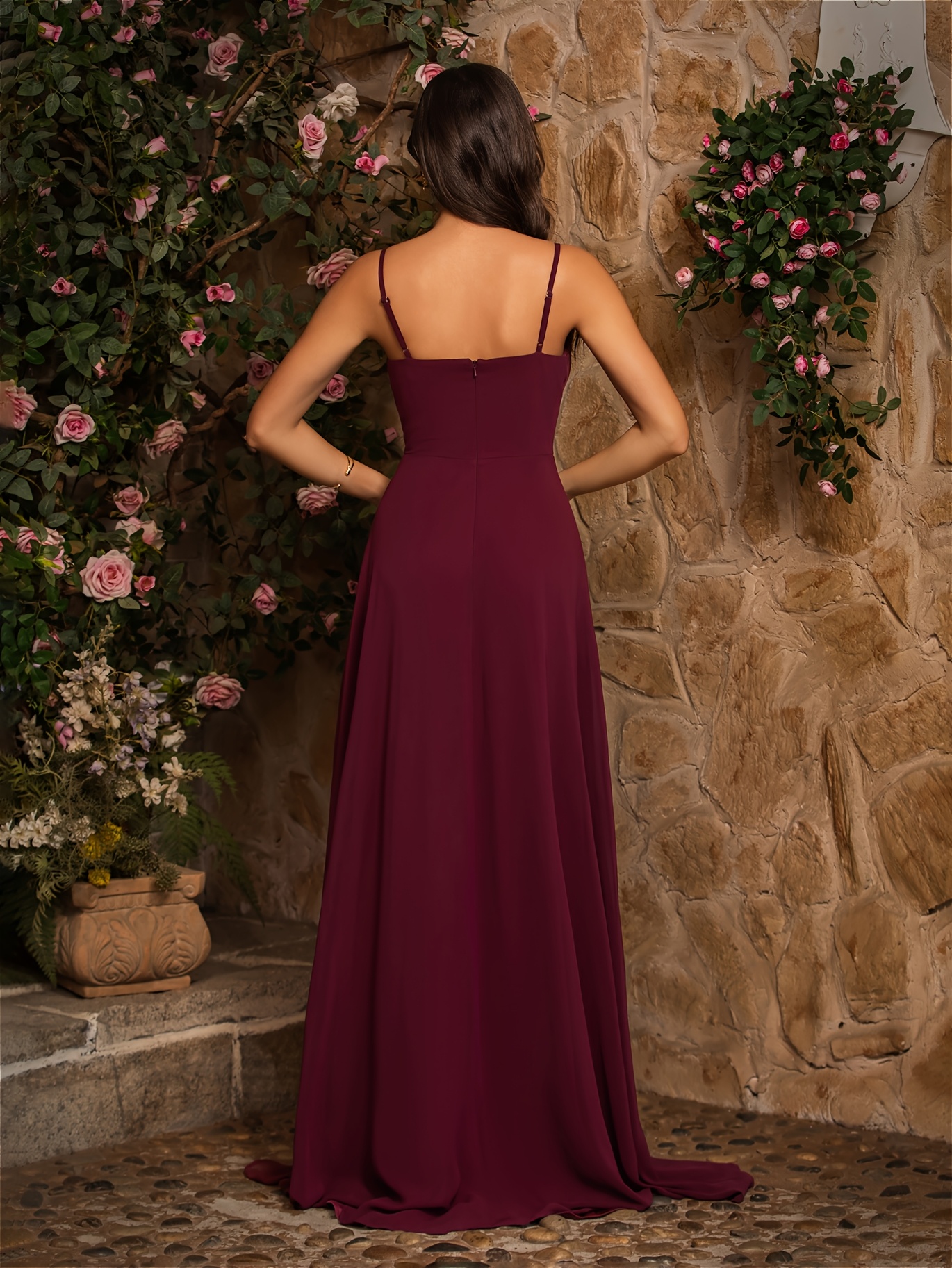 elegant v neck high slit sleeveless long bridesmaid dress - Temu South  Africa