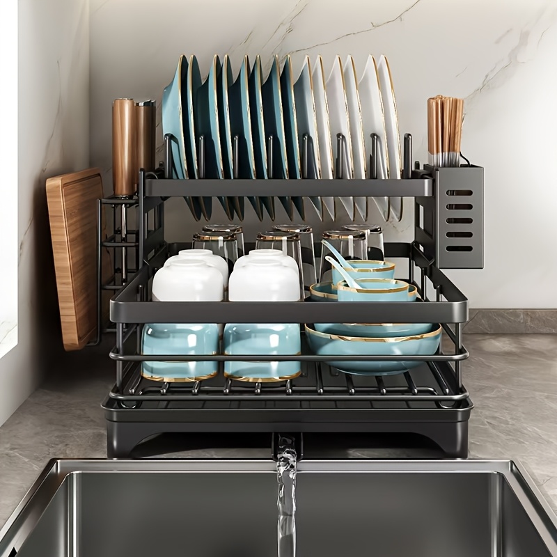 2 tier black iron kitchen dish rack large capacity storage organizer with   utensil holder cup hooks foldable design for   space saving kitchenware for drying plates bowls pots cutlery
