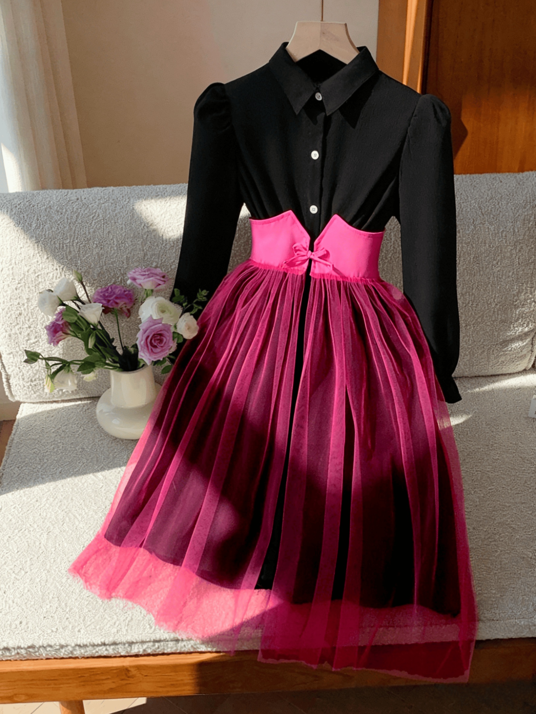 [Daily Casual Fuchsia Dress] 8-12Y Daily * Girls' Contrast Dress [Black  Shirt Collar & Fuchsia Tulle Casual Dress] Shirt Collar Puff Long Sleeve  Gradient Mesh Skirt Pink Bow Waist Belt Girls' Contrast ...