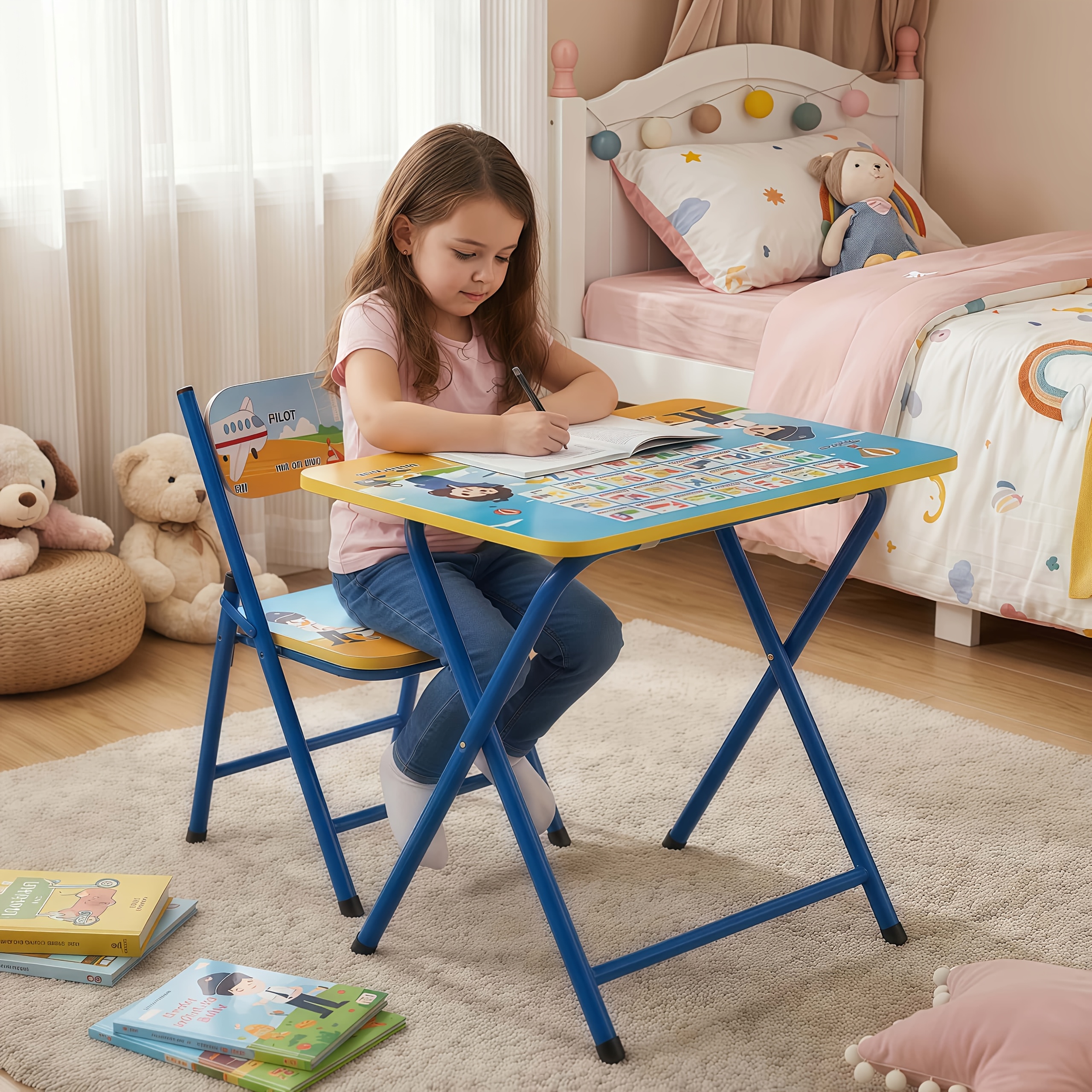 Small Classroom Desk And Chair Set Suitable for Students 3-18 Years Old Youngsters's Study Table Primary School Students Writing Homework Book Table Foldable Home School Desk And Chair Set