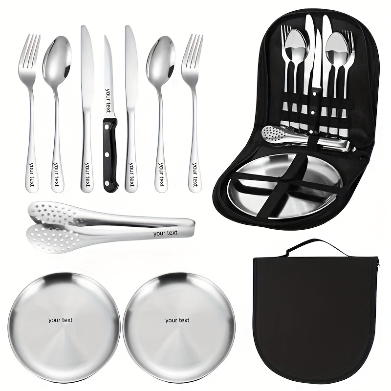 personalized 10pcs stainless steel camping utensil set portable sturdy and lightweight outdoor picnic accessories including plates forks spoons steak knives hiking backpacking camping picnics and travel essentials Product details 1