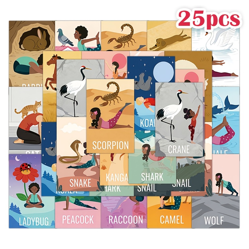 Image of 25pcs : Mindfulness Flashcards With Positiveaffirmations - Birthday Gift For Yoga Enthusiasts, Yoga & Class - Flashcards With Cartoon Yoga Poses, Multicolor, Animal Yoga Illustrations