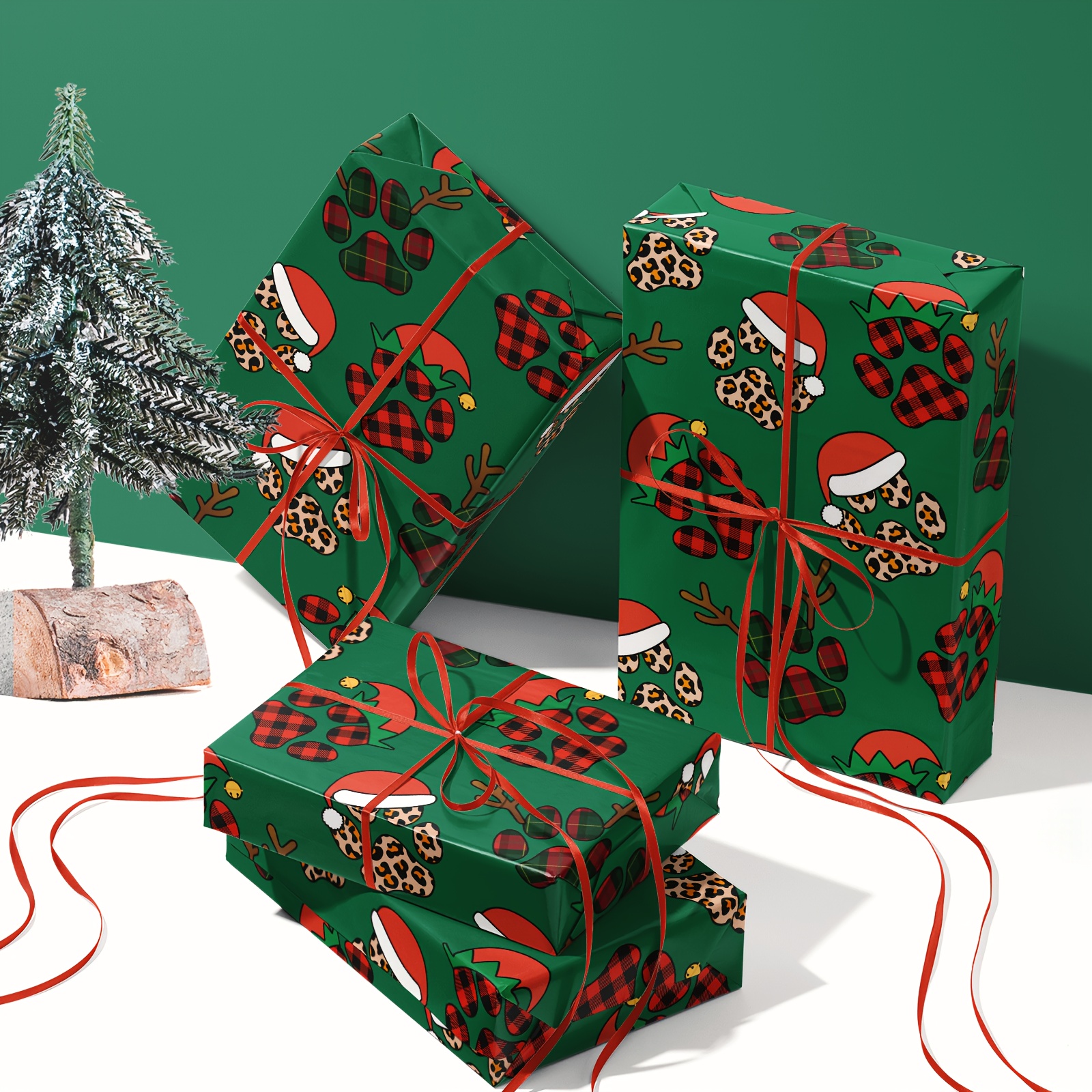 TEMU 1 Roll Of Christmas Wrapping Paper | Green Background With & Christmas Element Patterns, Suitable For Pet Christmas Gift Wrapping, Holiday