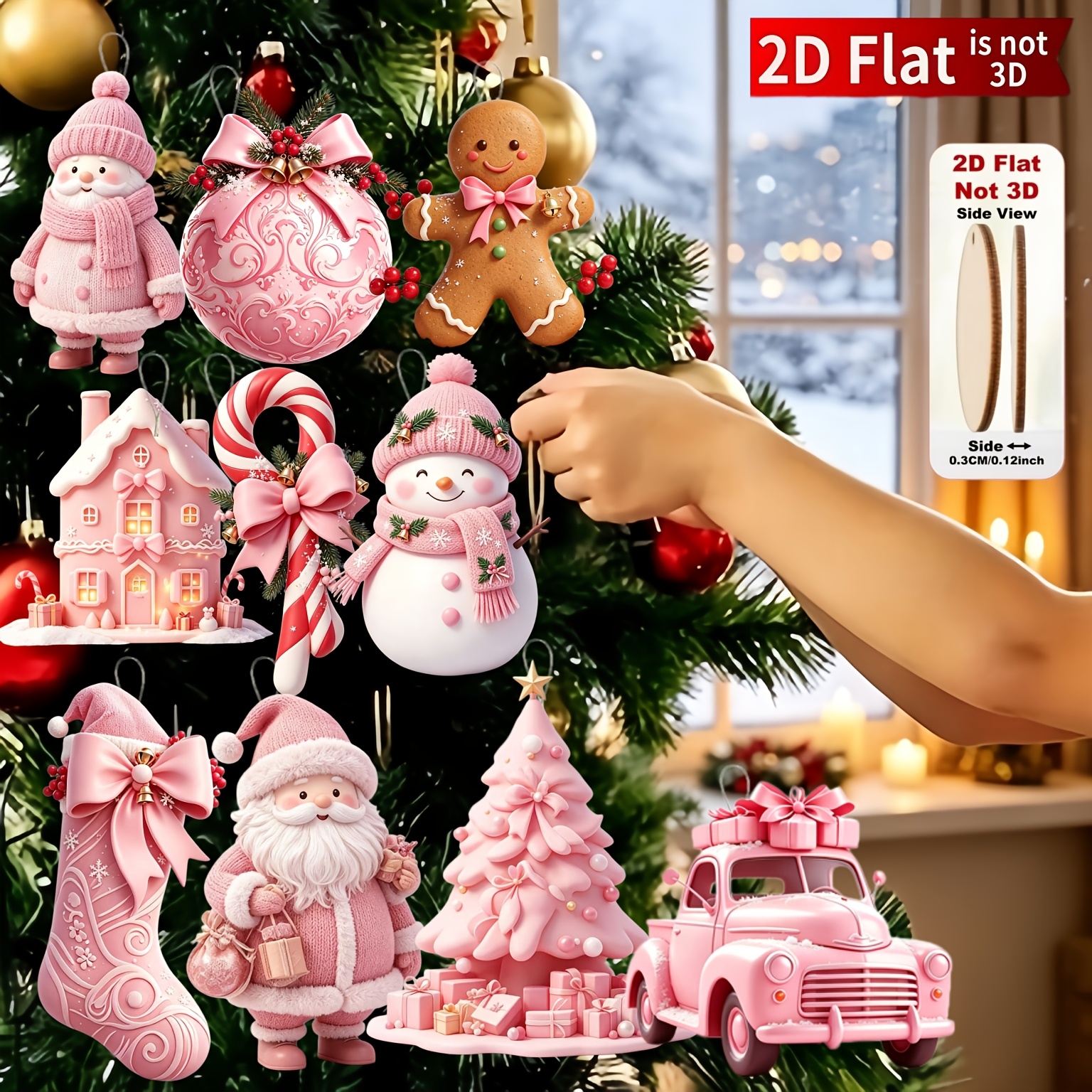TEMU 2d Flat, [2d Flat] 10pcs Pink Series Christmas-themed Wooden Hanging Ornaments, Christmas Hanging Decoration Set, 2d Flat Wooden Hanging