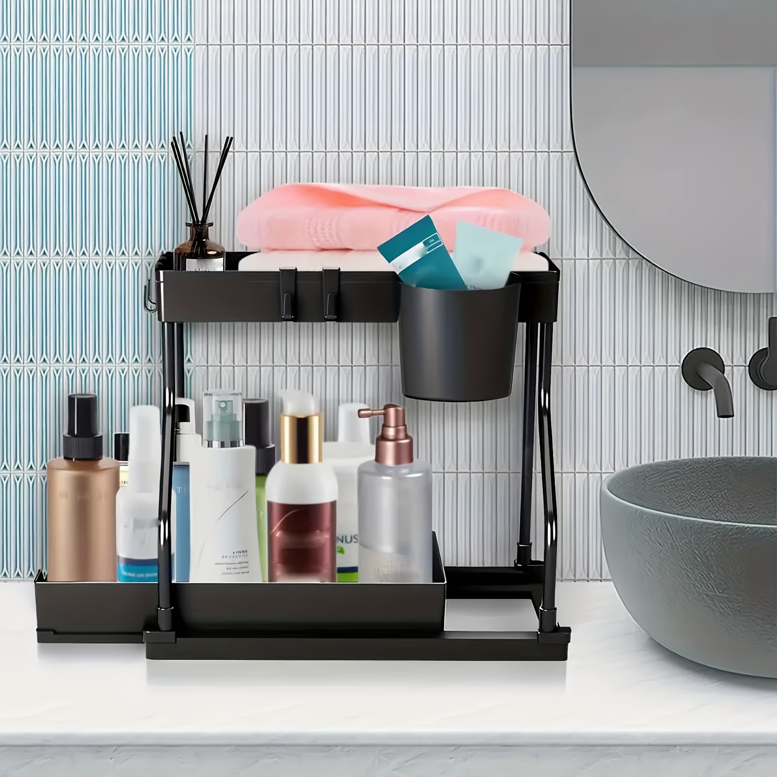 2-Pack Under Sink Organizer with Sliding Shelves, Black and White Plastic Storage Baskets for Bathroom and Kitchen Cabinets