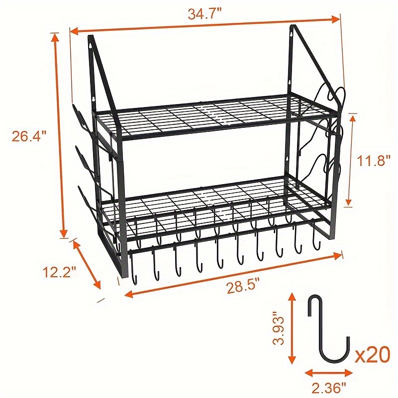 TEMU 1pc Pot Rack Wall Mounted, 2-tier Pots And Pans Organizer With 20 Hooks And 6 Pot Lid Holders, Heavy Duty Steel Pot And Pan Hanger For Kitchen