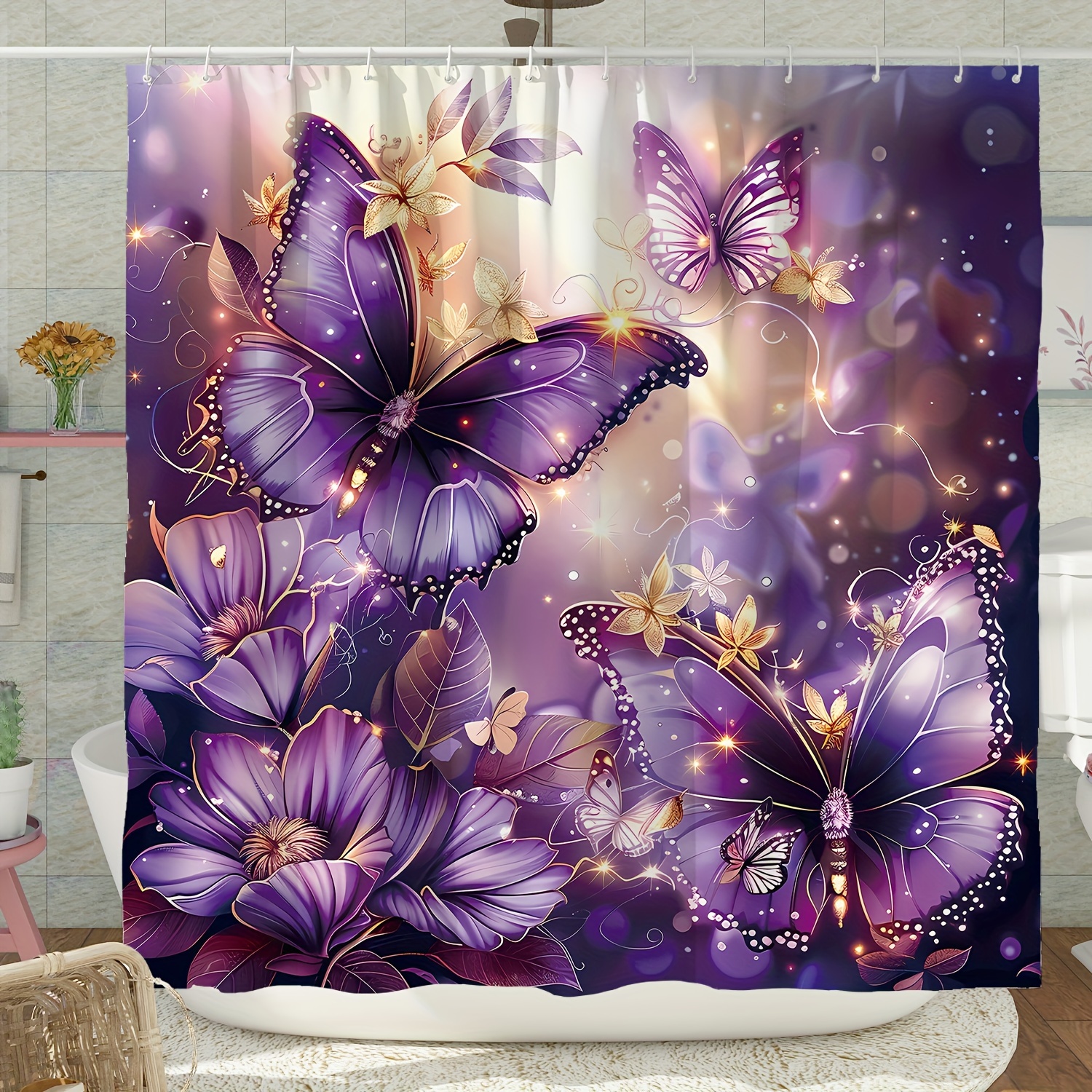 

1pc Butterfly Floral Shower Curtain, Purple And Golden Luxurious Bathroom Decor, Washable Polyester Fabric, Water-resistant With 12 Hooks For Home Decor