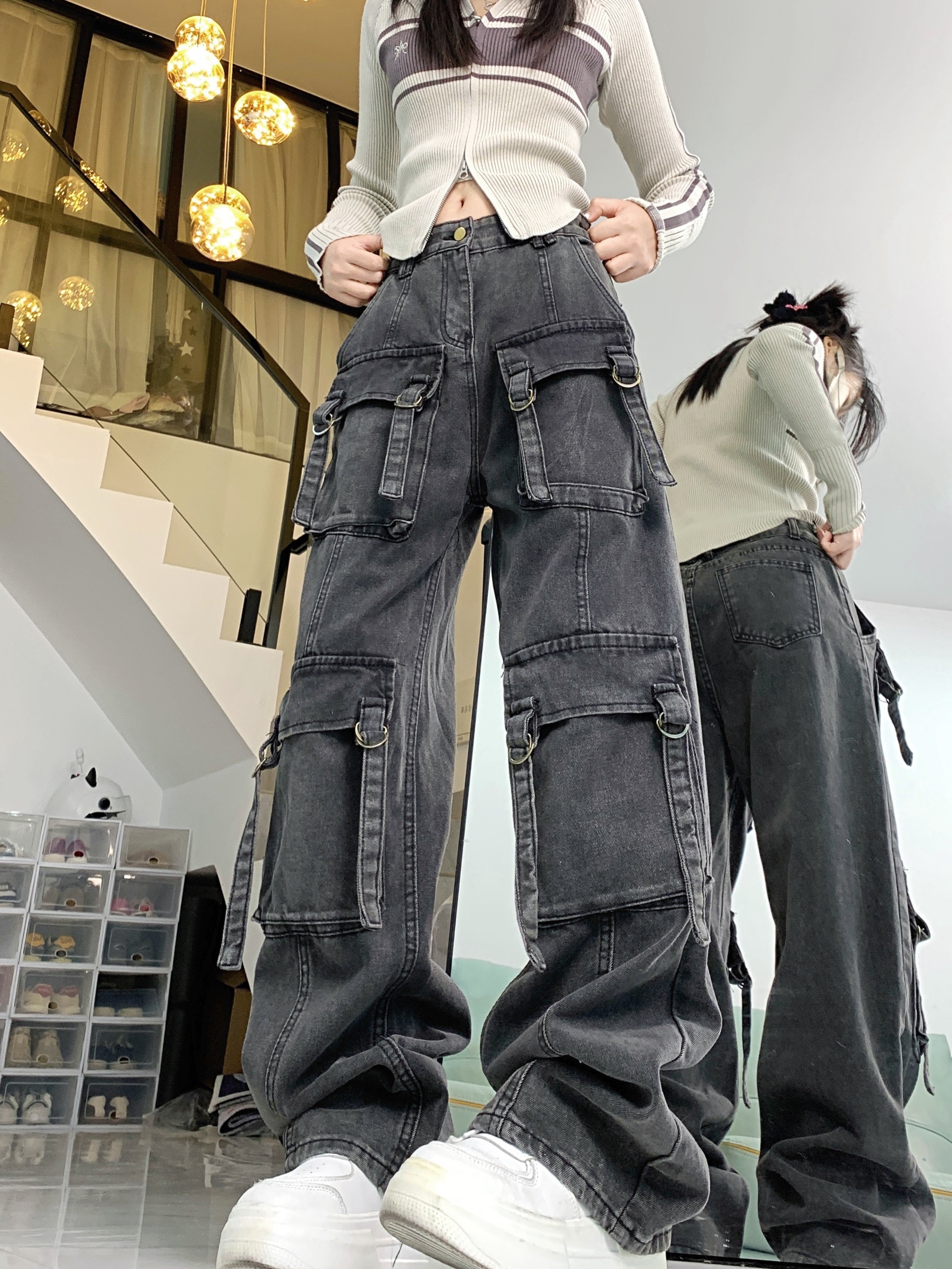 k2017 washed distressed womens dark gray multi pocket cargo - Temu