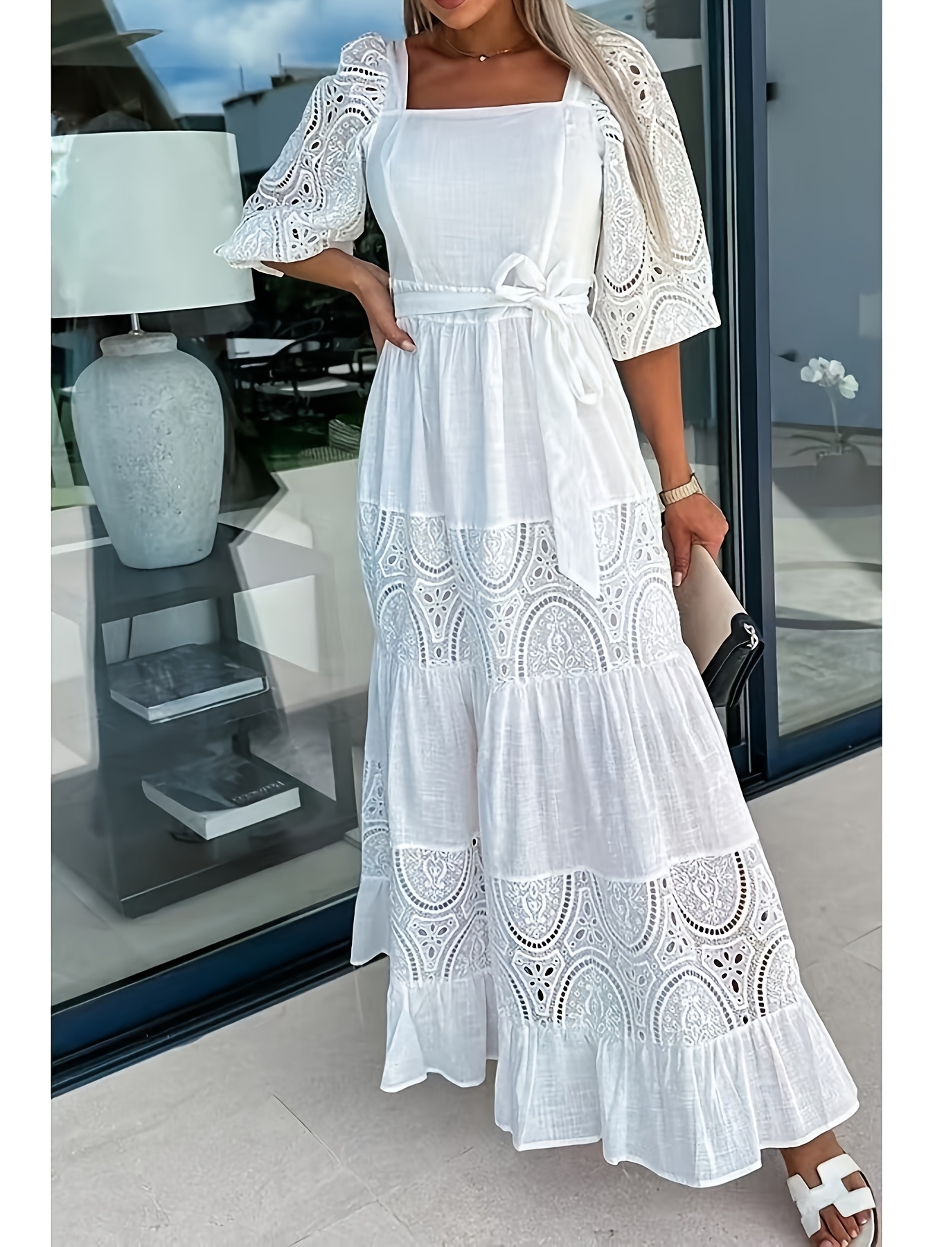 white christmas dresses Vintage Black Lace Long Sash A-Line Short Casual Bridal Dress, White main image 1