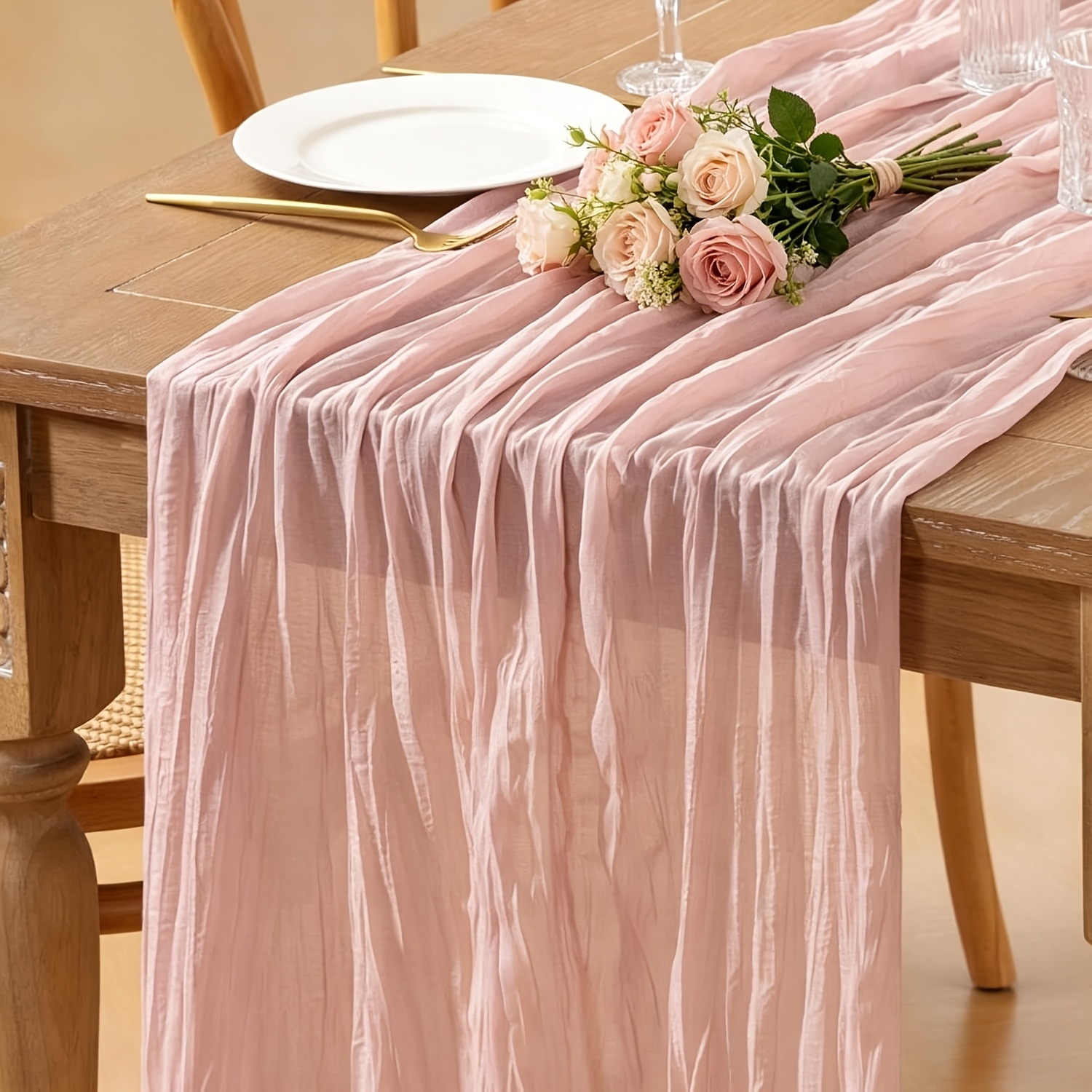 TEMU 1 Pack Dusty Pink Cheesecloth Table Runner 17x108 Inch Boho Gauze Cheese Cloth Table Runners For Wedding Party Baby Shower Birthday Home Decor