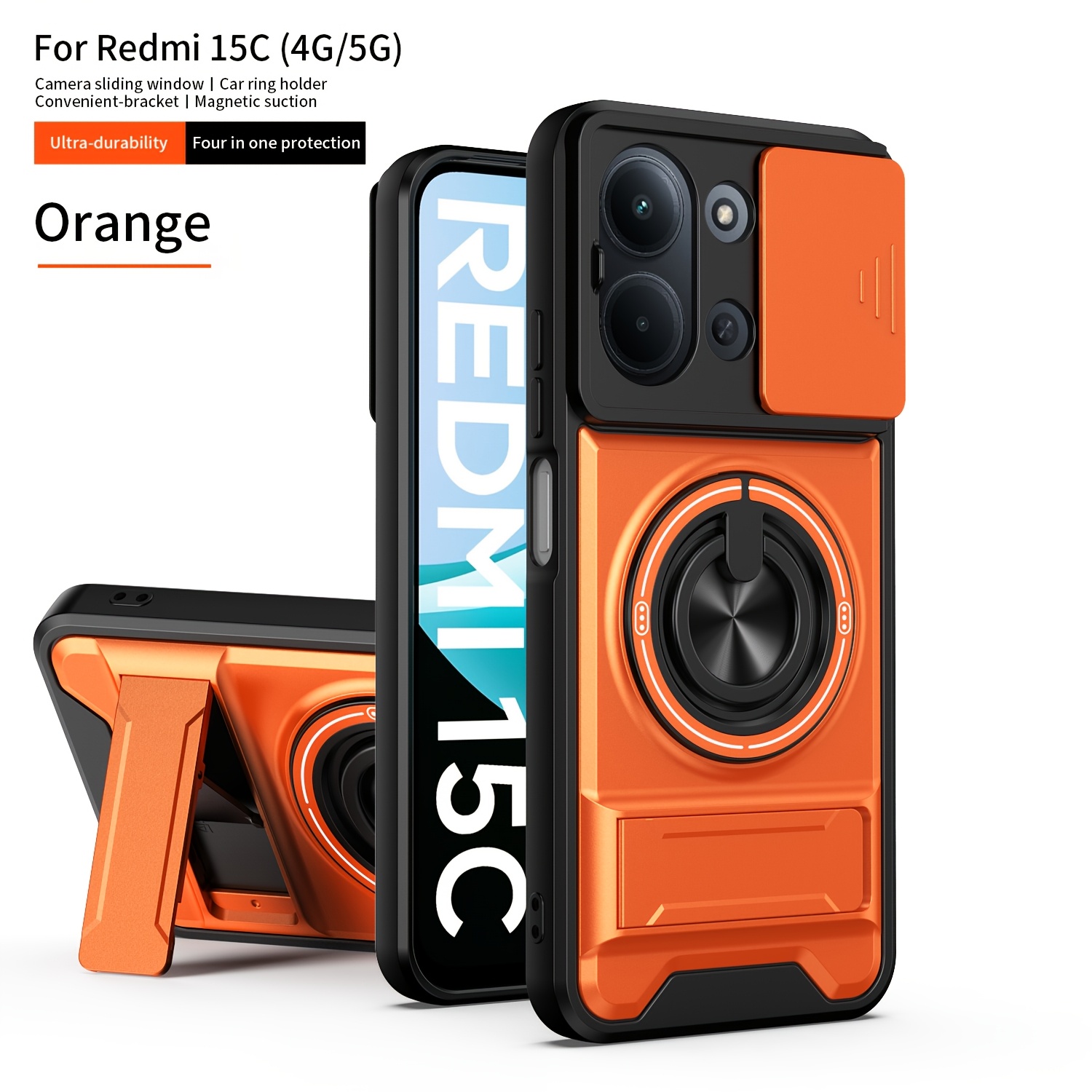 TEMU para Teléfono - Multifuncional y Cool, Adecuada para Xiaomi Redmi 15C, con Soporte de Anillo Giratorio de 360°, Soporte Plegable, Protección