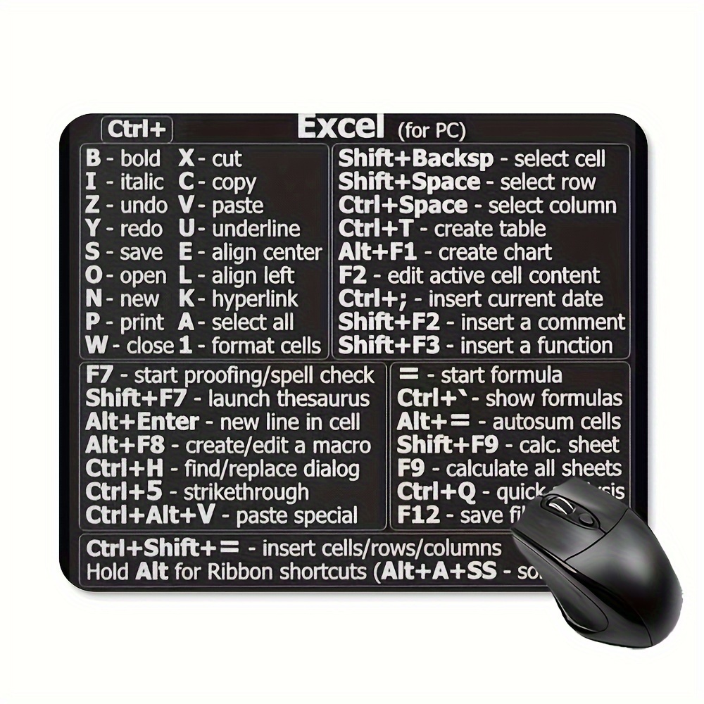 excel keyboard shortcuts mouse pad non slip rubber - Temu