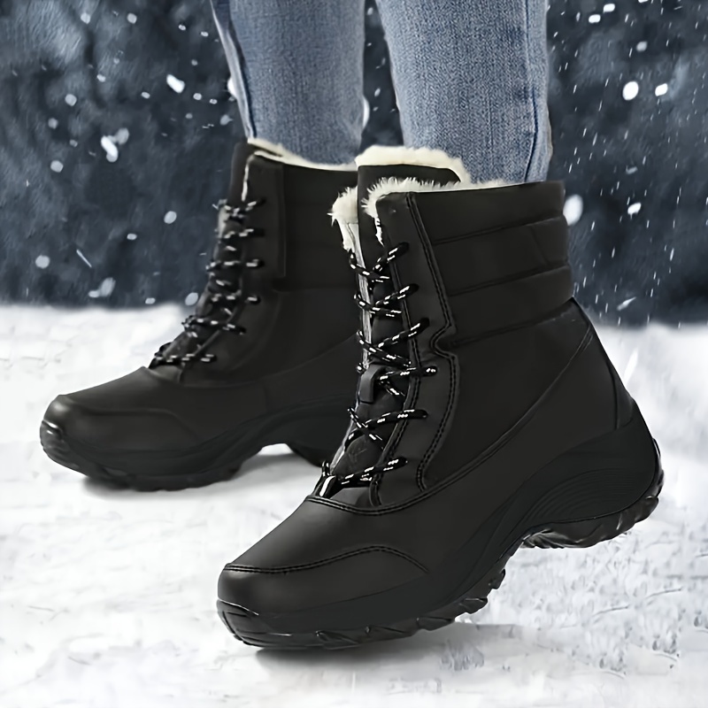 

Women's Cozy Boots - Warm Plush Lined Ankle Platform Boots With Non-slip Md Sole, Casual Lace-up Outdoor Footwear In Black