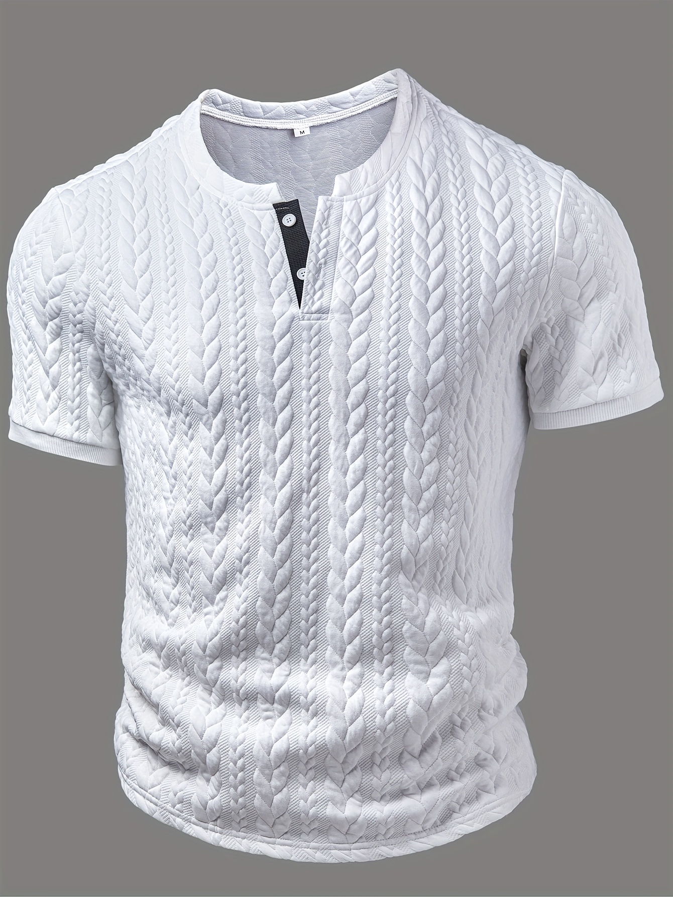 camisa henley masculina de verão com   jacquard em bloco de cores -    , abotoada, lavável à máquina,   com   de   e punhos pretos,   diário | design de   de cor | camiseta de tecido   detalhes 1