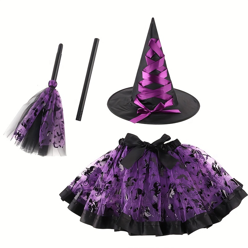 Halloween New Printed Mesh Tutu Skirt Witch Hat Broom Flounce Skirt 3pcs Set