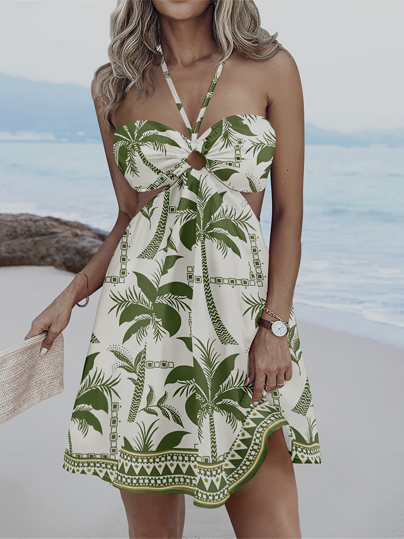 sachin and babi light blue dress Women's Floral Print Halter Dress Summer Sexy Hawaiian Style Knee-Length  Sleeveless Travel Date Suitable Polyester Fabric Dress main image 1