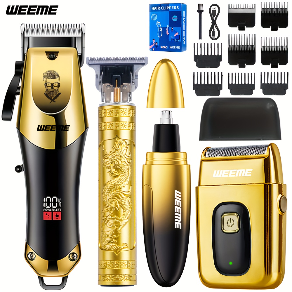 Weeme 4-delige heren gouden elektrische kapper set, huishoudelijke baard bouwset. Elektrische haartrimmer + elektrische scheerapparaat + elektrische neushaartrimmer + fijne trimmer.