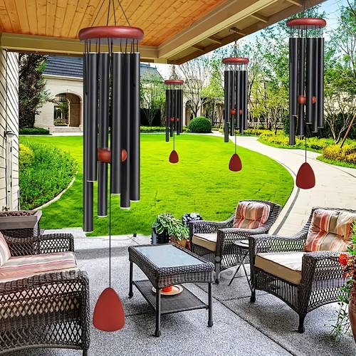 37 inch deep tone wind chime black aluminum patriotic outdoor garden decoration with red accents weddings birthdays housewarming parties and use no power required wind chimes for outside