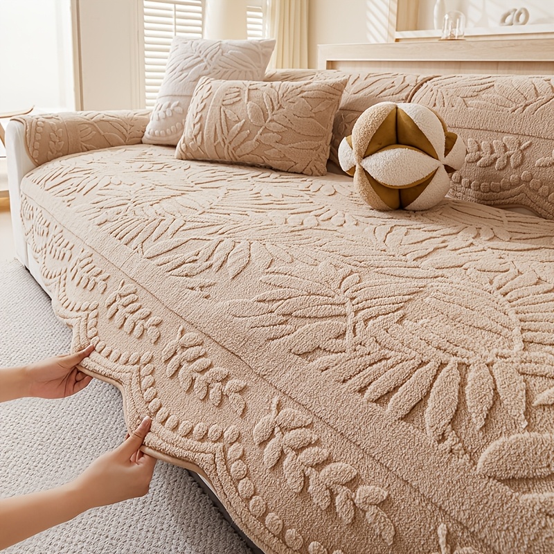 TEMU 1 Housse de canapé en peluche avec motif de feuilles, utilisation toutes saisons, tissu antidérapant et résistant à l', matériau doux, adaptée