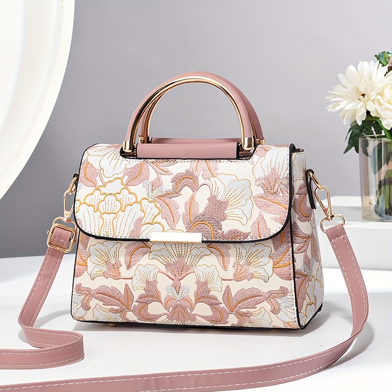 Elegant Floral Print Women's Handbag - Stylish Crossbody Bag with Golden-Tone Hardware, White Base & Black/Beige Floral Pattern, Lightweight & Spacious for Everyday Use
