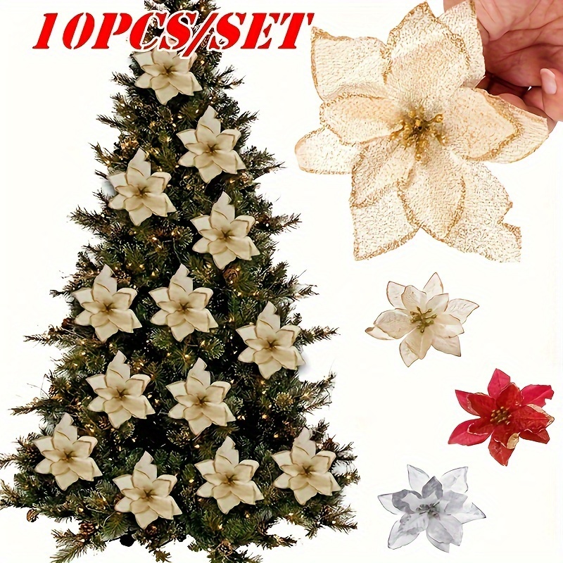 

10pcs Christmas Glitter Poinsettia Flowers, Wedding Faux Flowers, Christmas Decoration Ornaments For Christmas Tree New Year Home Outdoor Decoration, Home Decor