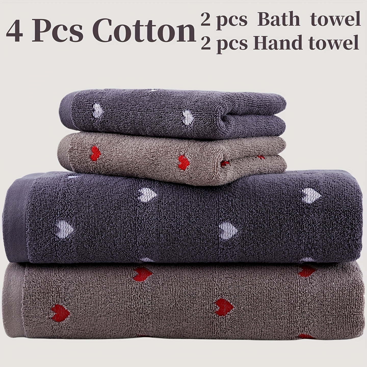 

4 Piece Cotton Bath Linen Set - 2 Bath Towels & 2 Hand Towels, Heart Embroidered, Thick & Absorbent, 400 Gsm Woven Fabric, Home Bathroom Essentials