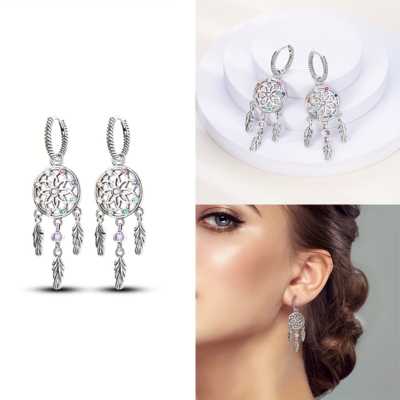 925 Pure Silvery Dream Catcher Earrings, Retro Style