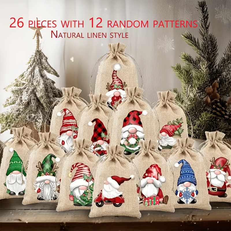 TEMU Gift For Her/him 26-pcs Christmas Party Drawstring Gift Bags, Jute-colored Drawstring Bags With 12 Christmas Gnome Pattern Prints In Pink, Blue,