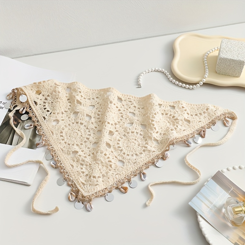 TEMU 1pc Women's Ocean Seashell Tassel Knitted Crochet Hollow-out Tassel Lace Bandana Headband, Suitable For Daily Wear, Sports, And Beach Vacation