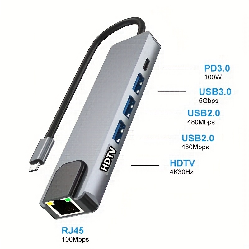 6-in-1 USB-C Docking Station Multi-Port Adapter with 100W PD Input, 100Mbps RJ45 Ethernet Port, USB 2.0 and 3.0 Ports. This Multi-functional Hub Is for MacBook Notebooks and Windows PCs.