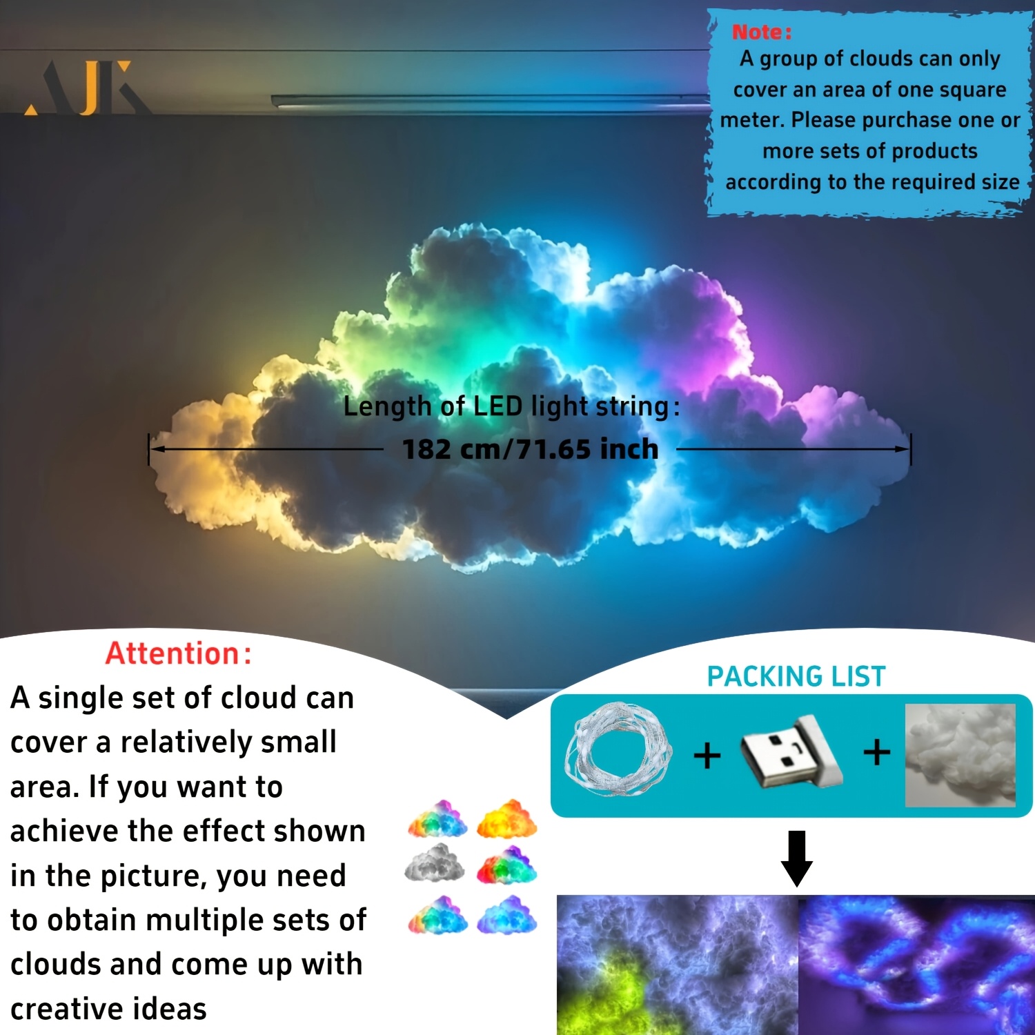 TEMU [usb Power Light] Cloud Led Lights For Bedroom, Multicolor Creative Night Lighting Kit Music Sync, Coolest Wall Decoration For Bedroom Wall Adults Decorations