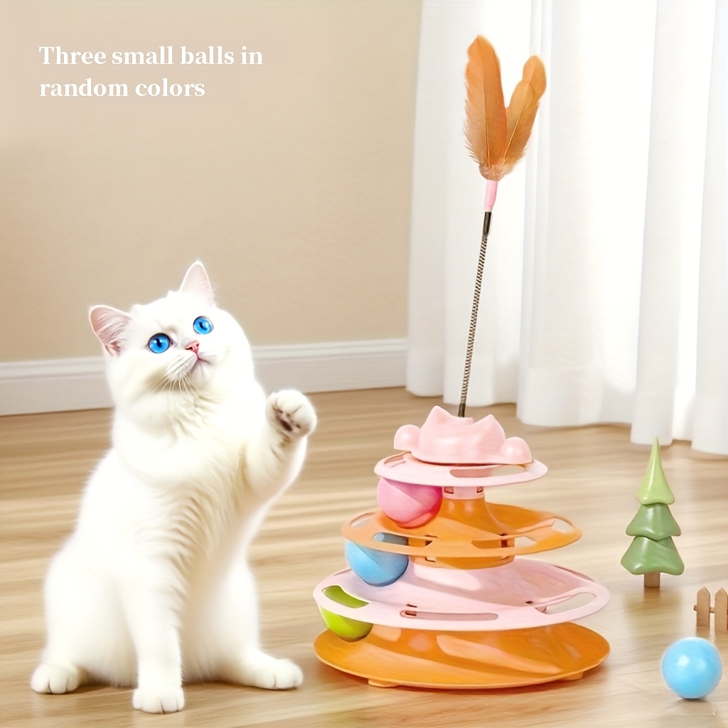 Artificial Feather Cat Carousel Toy - Rotating Rolling Ball Cat Toy, Interactive Teasing Toy for Cats, Cat Gift, Suitable for Indoor Cat Companion Toy, Self Entertainment And Fun Toy to Reduce Boredom, Random Balls in 3 Colors, Without Battery