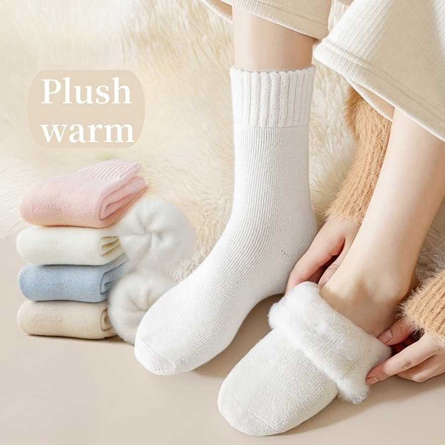 

4pcs Cozy & Warm Women's Plush Winter Socks - , Soft Polyester , Fashionable Color Matching, Mid-calf Sleep Socks With Fluffy Cuffs, Ideal For , Cute Socks