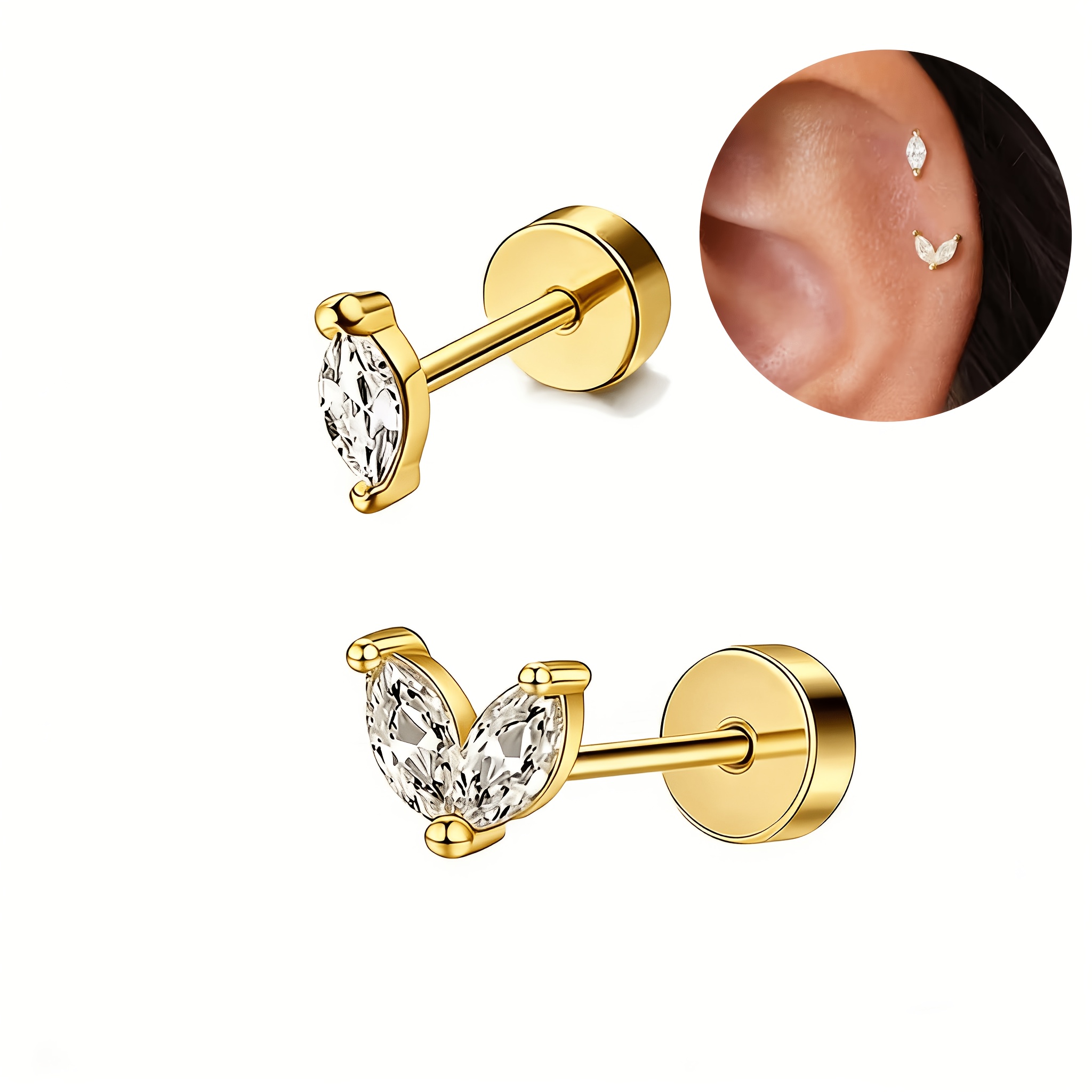TEMU 2pcs Cute And Elegant Style V-shaped Marquise Synthetic Synthetic Zirconia Stud Earrings, Cartilage Studs, Small Leaf-shaped Flat-back Cartilage