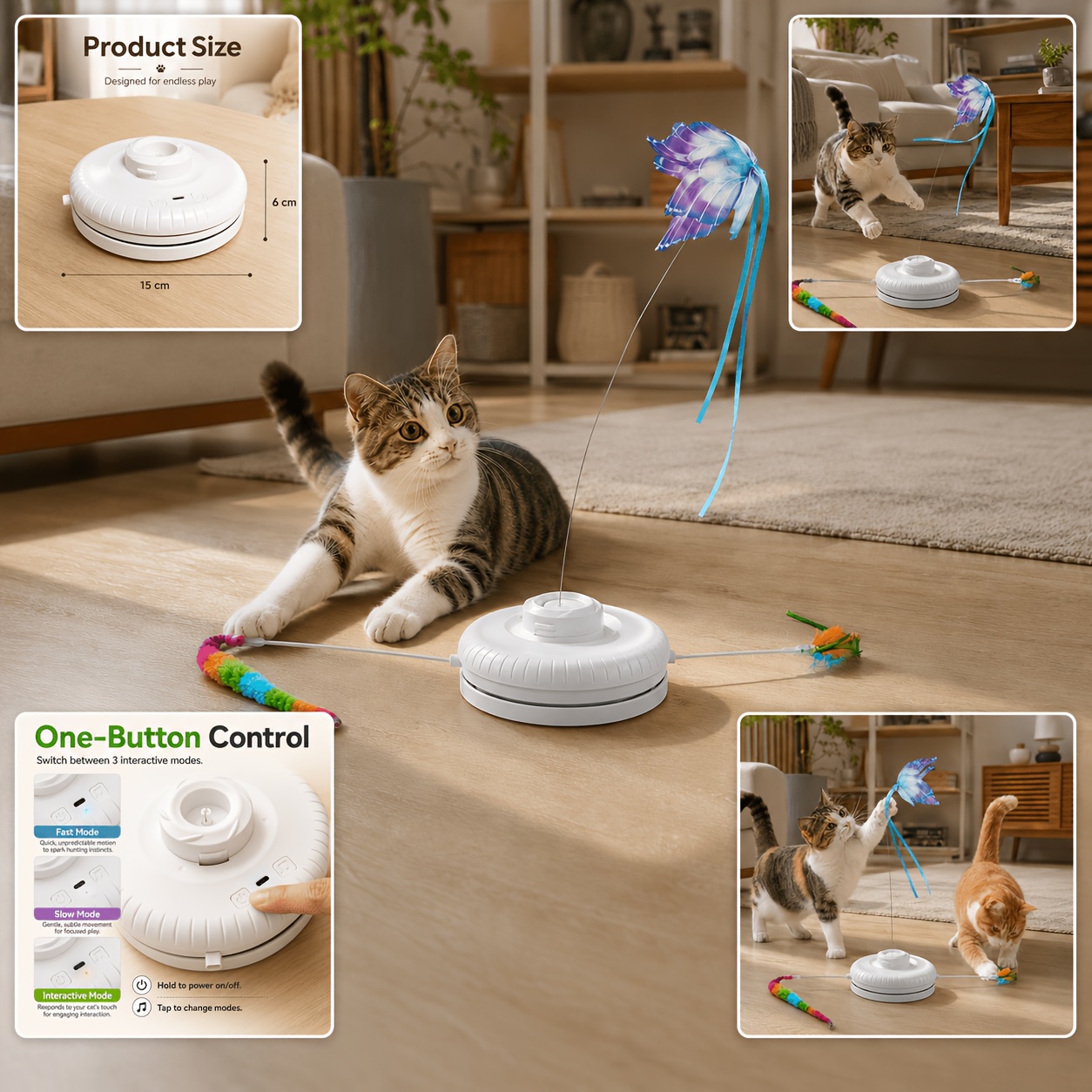 TEMU Automatic 360-degree Rotating Interactive Cat Toy, Electric Smart Cat Wand With 3 Replacement Accessories, Third Mode Touch-sensitive Self- Cat
