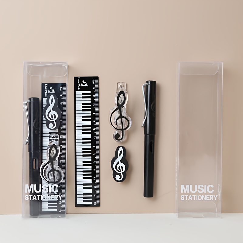 Image of Music Style Stationery Set, Eternal Note Pencil, 1 Continuous Core Never Pencil, Note-shaped Eraser, Black And White Keyboard Straight Ruler, Note Musical Score Clip Stationery Gift Box Set, Unique