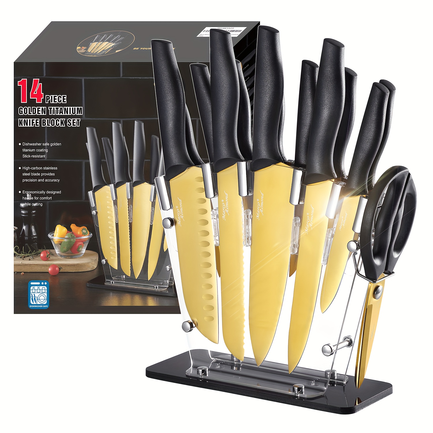 

Golden Kinfe Set, Mtea23 14-piece Dishwasher Safe Knife Set With Stand Kitchen Knives Stainless Steel, The Best Gift.